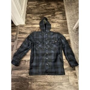 Dickies Shirt Jacket Mens Small Blue Black Plaid Flannel Hooded Snap Up Workwear